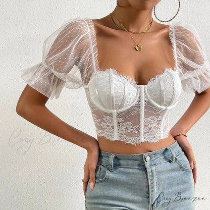 Korean Mesh Sheer Puff Sleeve Lace Crop Top croptop-250126