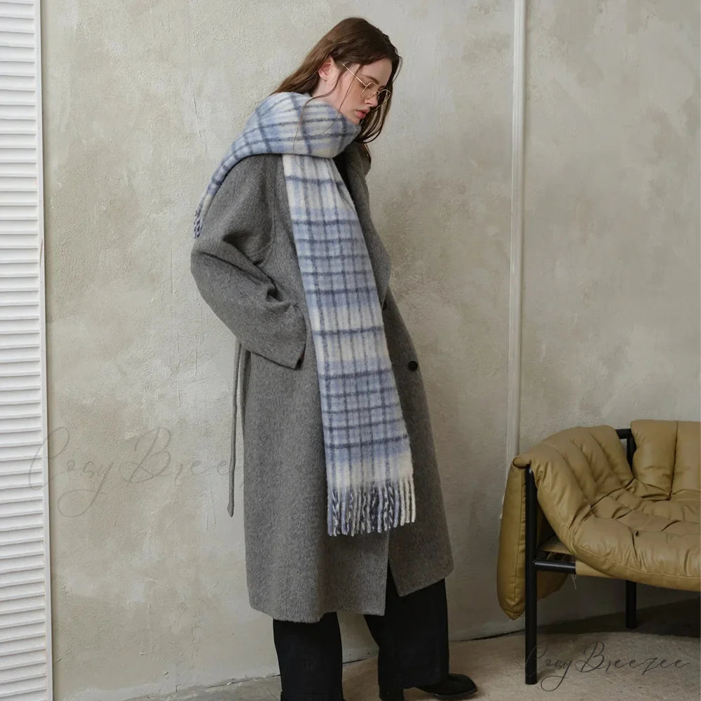 Korean Premium 30% Wool Red Plaid Tassels Mohair Warm Scarf