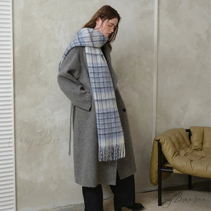 Korean Premium 30% Wool Red Plaid Tassels Mohair Warm Scarf
