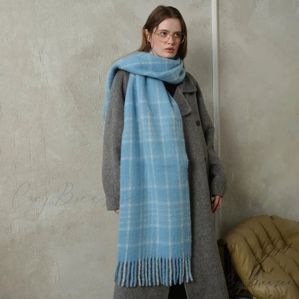 Korean Premium 30% Wool Red Plaid Tassels Mohair Warm Scarf Blue and white