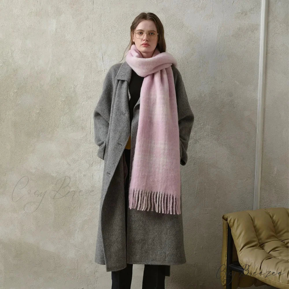 Korean Premium 30% Wool Red Plaid Tassels Mohair Warm Scarf Pink white