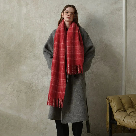 Korean Premium 30% Wool Red Plaid Tassels Mohair Warm Scarf Wine red