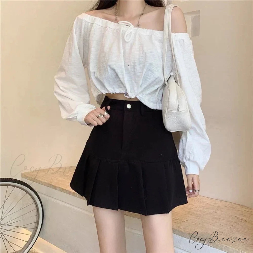 Korean Preppy High Waist A-Line Cute Short Skirt Black / S
