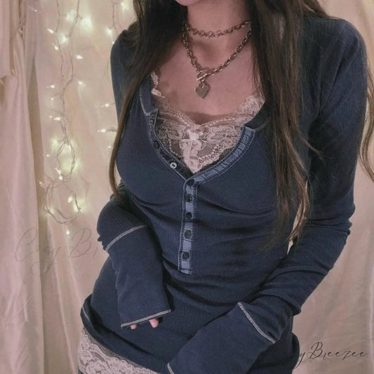 Korean Retro Ribbed Knit Button Up Long Sleeve Crop Top BLUE / S knittop-250126