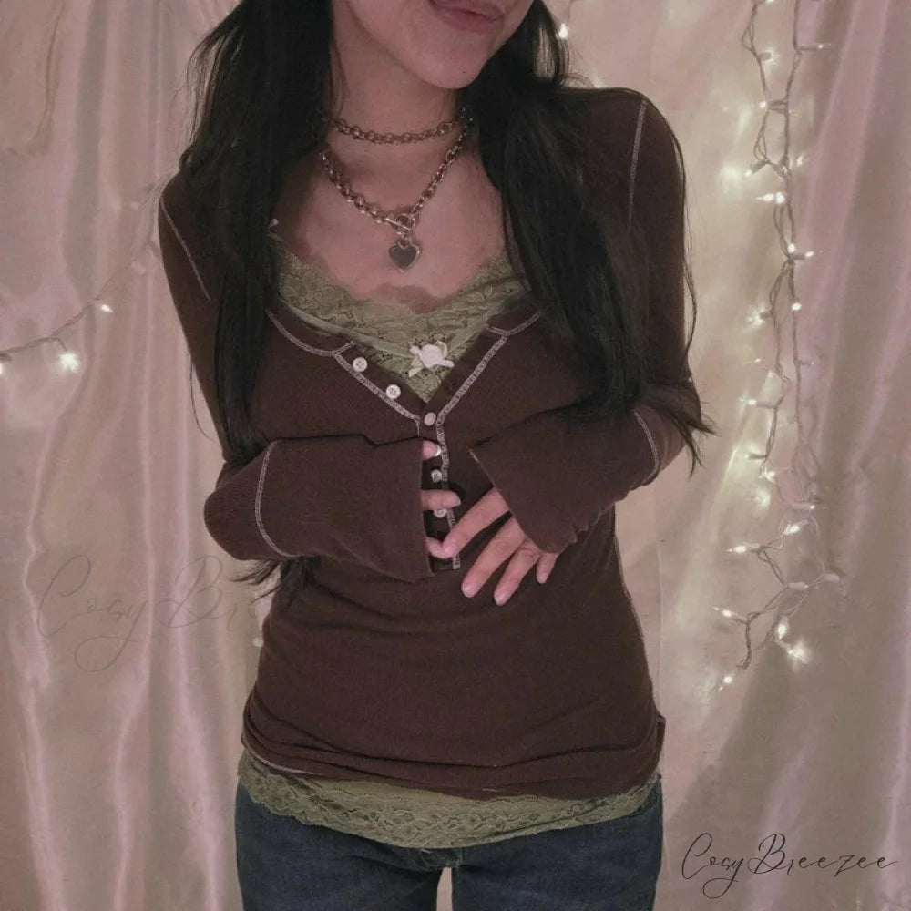 Korean Retro Ribbed Knit Button Up Long Sleeve Crop Top BROWN / S knittop-250126
