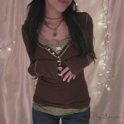 Korean Retro Ribbed Knit Button Up Long Sleeve Crop Top BROWN / S knittop-250126