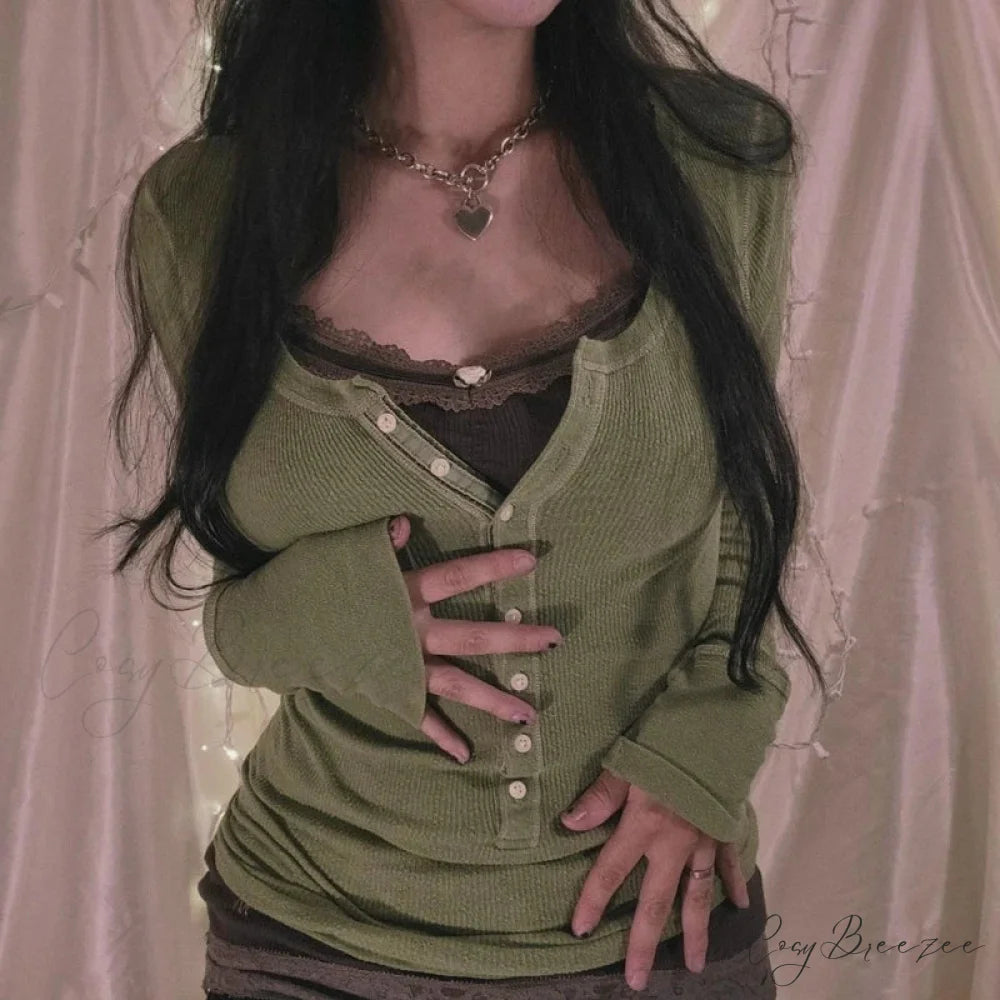 Korean Retro Ribbed Knit Button Up Long Sleeve Crop Top GREEN / S knittop-250126
