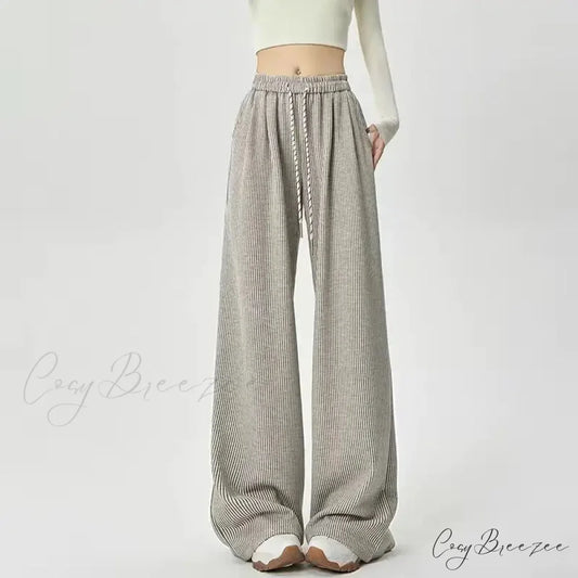 Korean Stripes High Waist Drawstring Pants oatmeal / S pants-241228