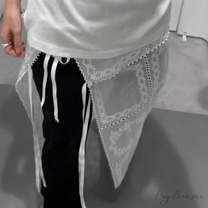 Korean Style Lace Mesh Overlay Long Retro Skirt White / One Size