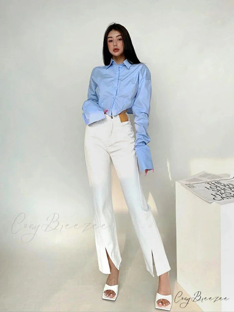 Korean Style Long Sleeve Button Crop Top blouse-250126