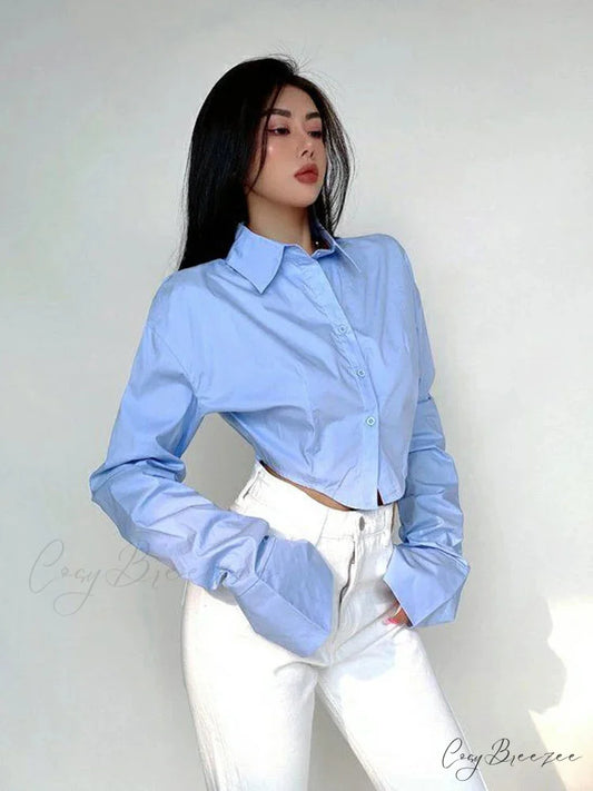 Korean Style Long Sleeve Button Crop Top Blue / M blouse-250126