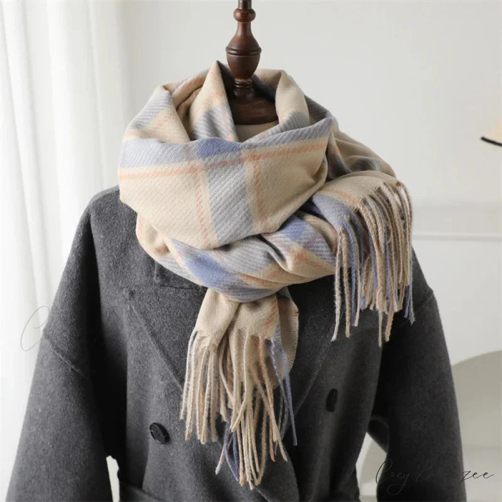 Korean Style Thick Warm Shawl Wrap Plaid Cashmere Blanket Scarf BEIGE