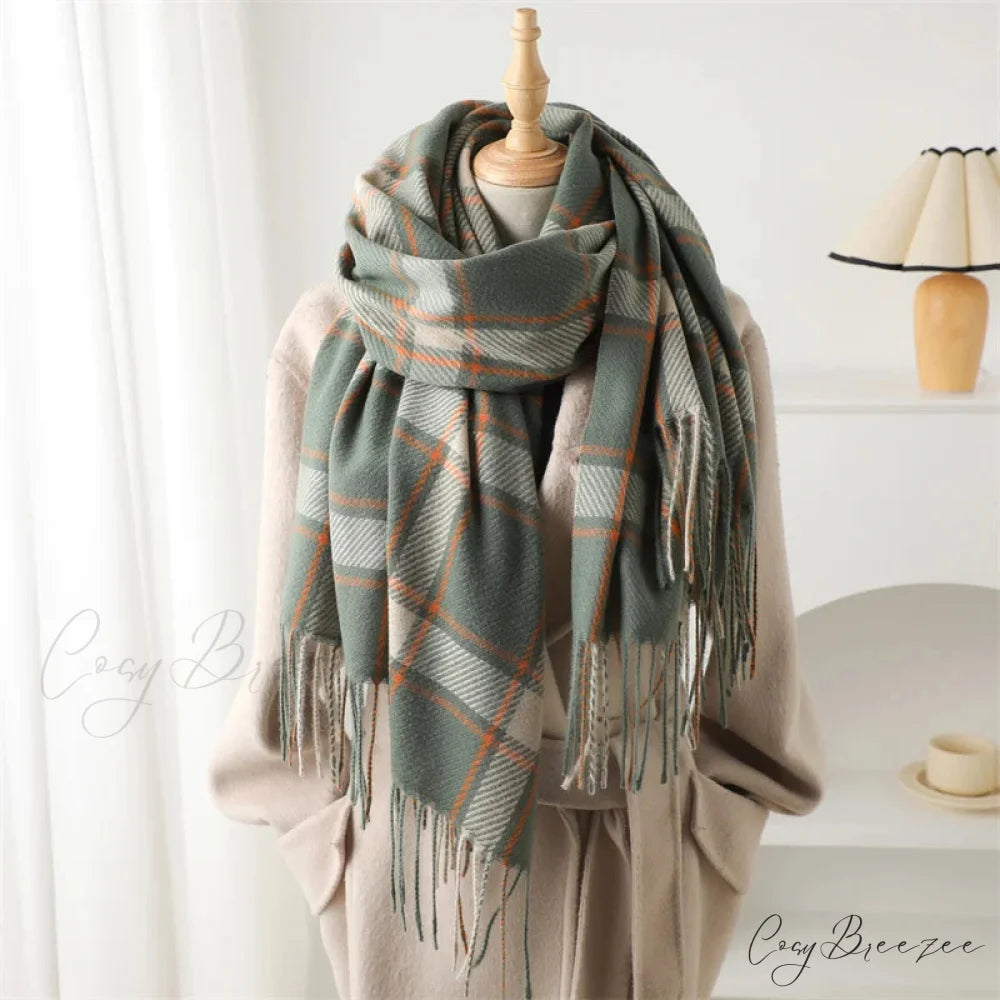Korean Style Thick Warm Shawl Wrap Plaid Cashmere Blanket Scarf GREEN