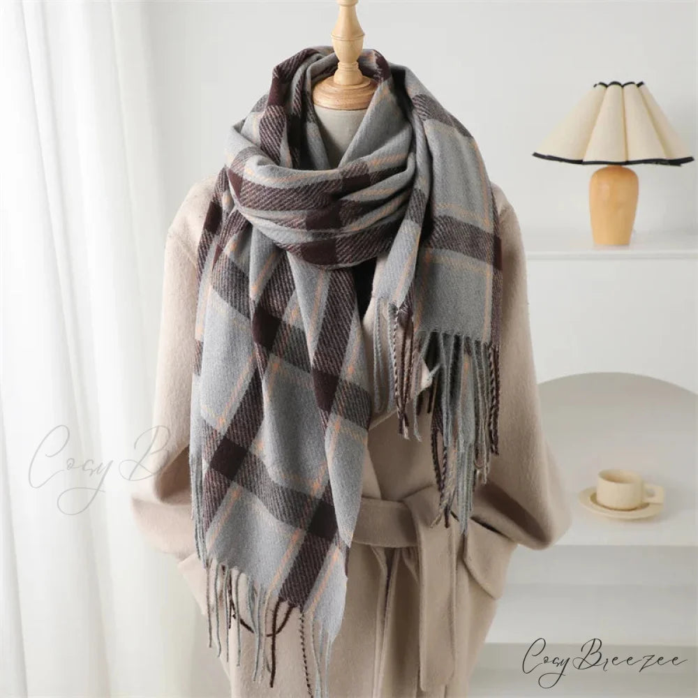 Korean Style Thick Warm Shawl Wrap Plaid Cashmere Blanket Scarf LIGHT BROWN