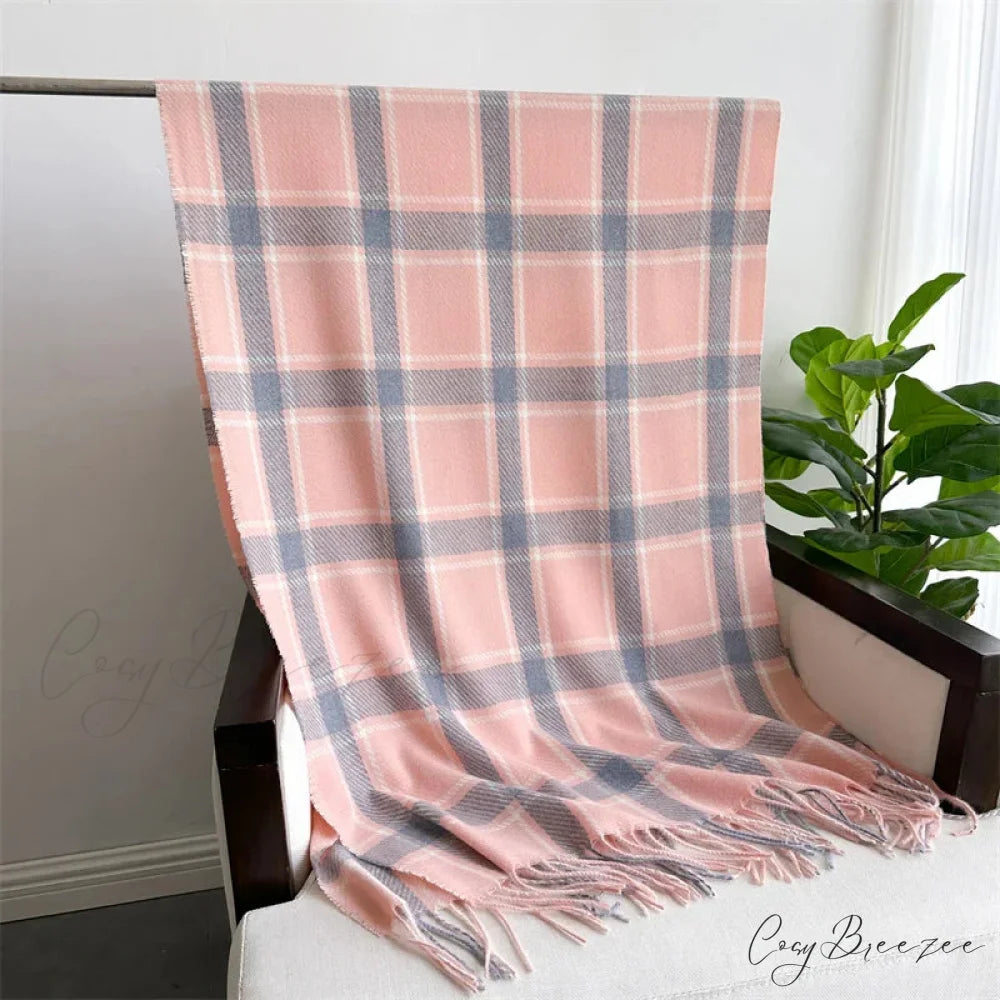 Korean Style Thick Warm Shawl Wrap Plaid Cashmere Blanket Scarf PINK