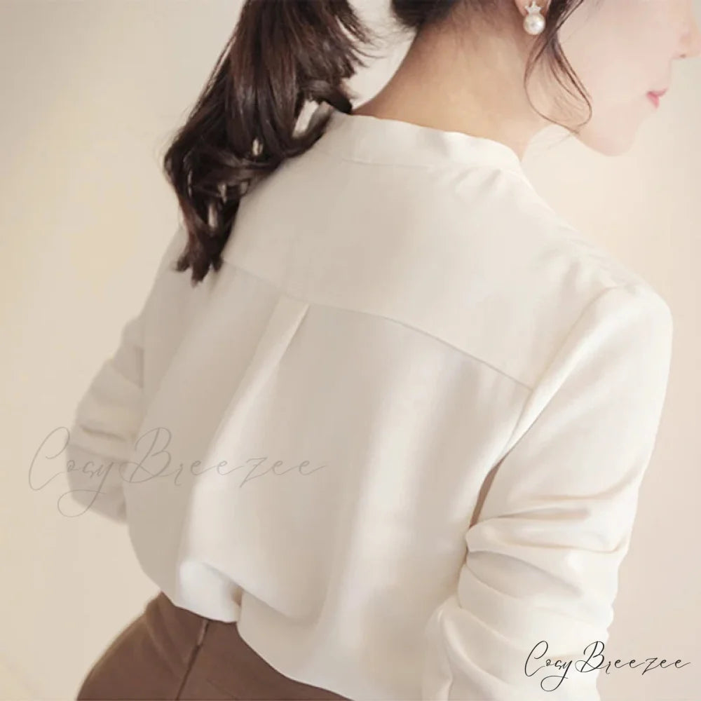 Korean Style V-neck Loose Chiffon Office Crop Top blouse-250126