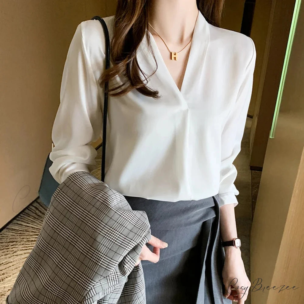 Korean Style V-neck Loose Chiffon Office Crop Top blouse-250126