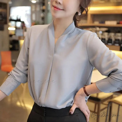 Korean Style V-neck Loose Chiffon Office Crop Top blouse-250126