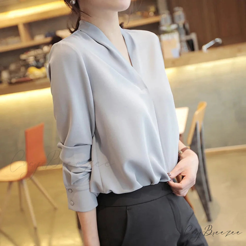 Korean Style V-neck Loose Chiffon Office Crop Top Gray-blue / S blouse-250126