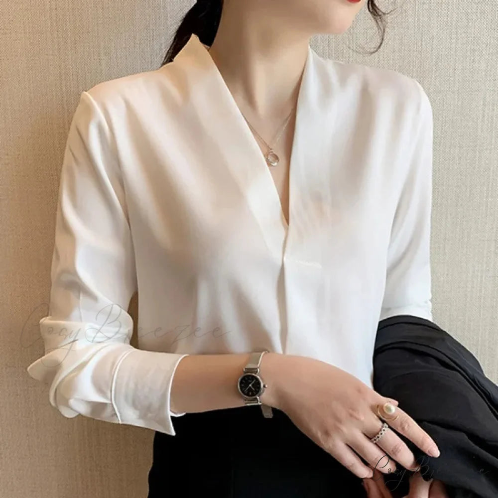 Korean Style V-neck Loose Chiffon Office Crop Top WHITE / S blouse-250126