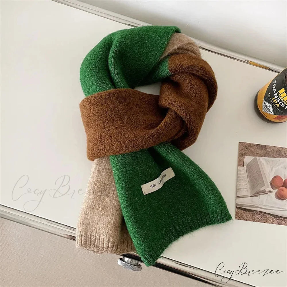 Korean Style Winter Wool Striped Scarf green 1 scarf-241228