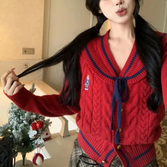 Korean Stylish Drawstring Bow Vintage Red Cardigan Christmas Sweater Red / XS