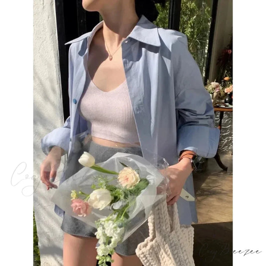 Korean Urban Casual Blue Chic Blouse Blue / M blouse-250126