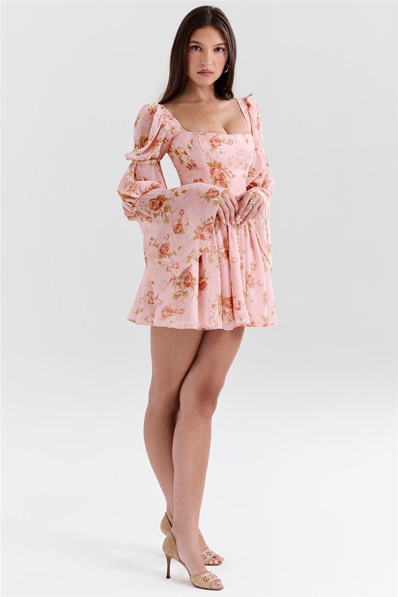 Pat Puff Sleeve Floral Print Sexy Mini Dress