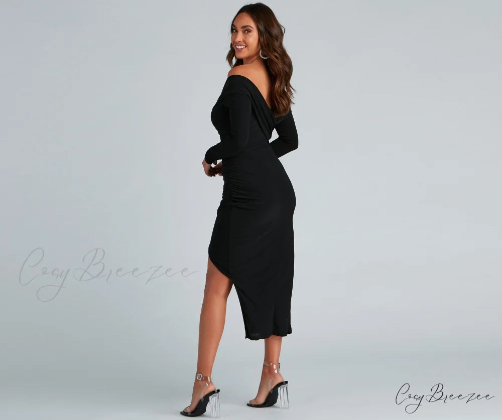 Kristy Off-The-Shoulder Stylish Formal Midi Dress