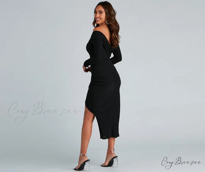 Kristy Off-The-Shoulder Stylish Formal Midi Dress