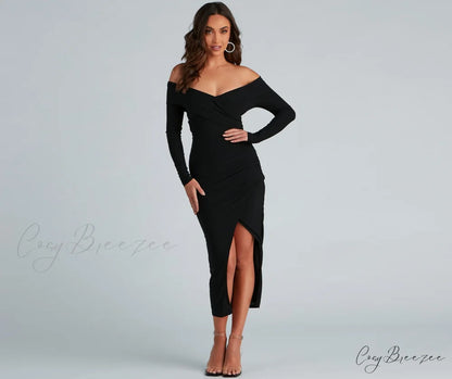 Kristy Off-The-Shoulder Stylish Formal Midi Dress