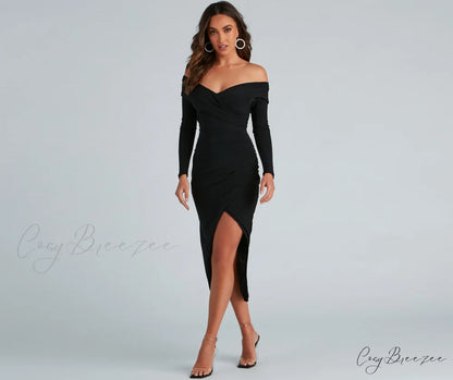 Kristy Off-The-Shoulder Stylish Formal Midi Dress BLACK / XS