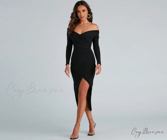 Kristy Off-The-Shoulder Stylish Formal Midi Dress BLACK / XS