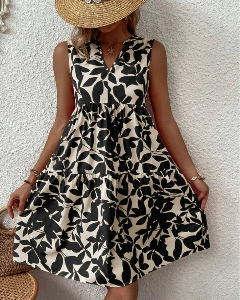 Sleeveless Dress with Leaves Print