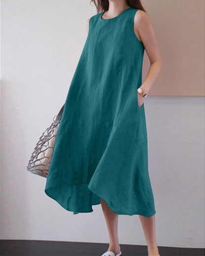 Sleeveless Cotton Linen Dress in Solid Color