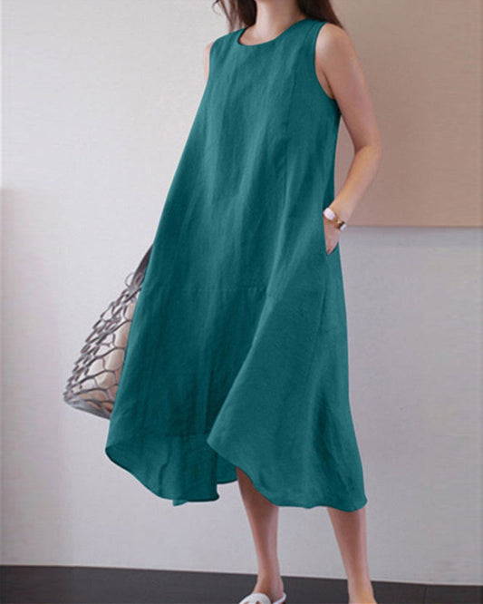 Sleeveless Cotton Linen Dress in Solid Color