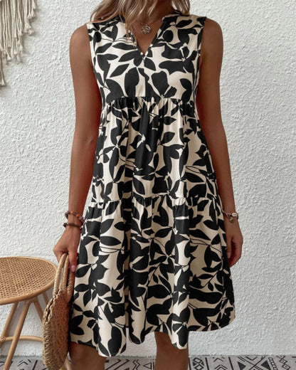 Sleeveless Dress with Leaves Print