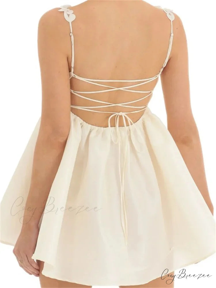 Lace A line Sleeveless Spaghetti Strap Square Neck Mini Dress