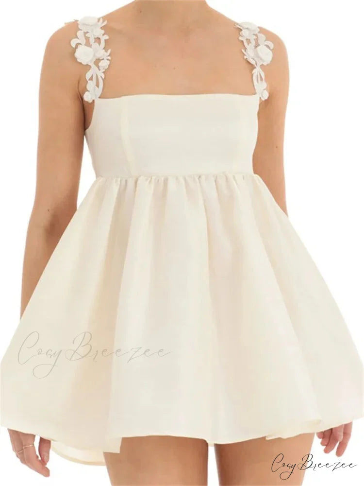 Lace A line Sleeveless Spaghetti Strap Square Neck Mini Dress WHITE / S