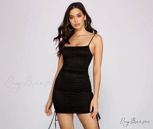 Lace Affair Stylish Ruched Mini Dress BLACK / XS