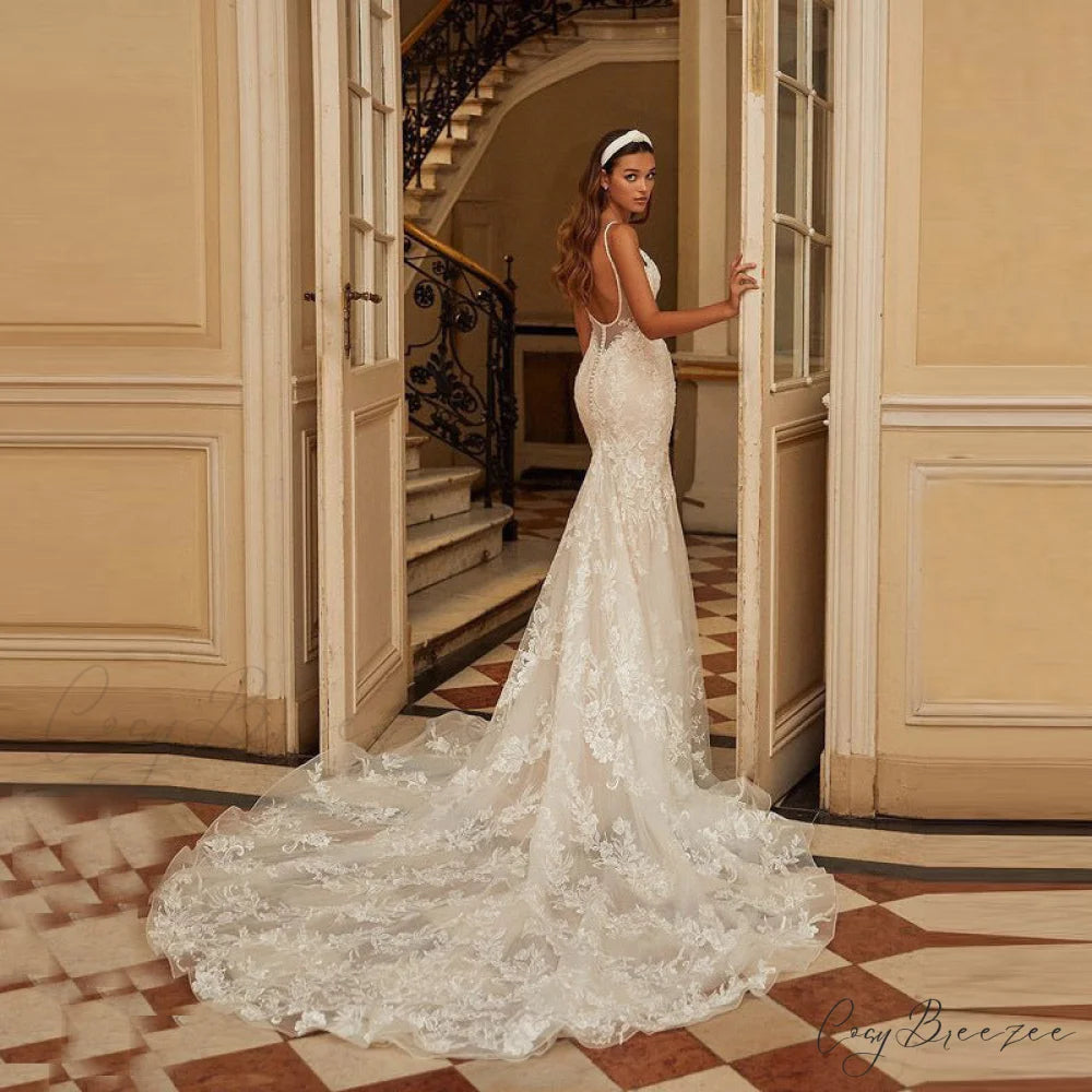 Lace Backless Mermaid Wedding Dress white / 2 weddingdress-250223