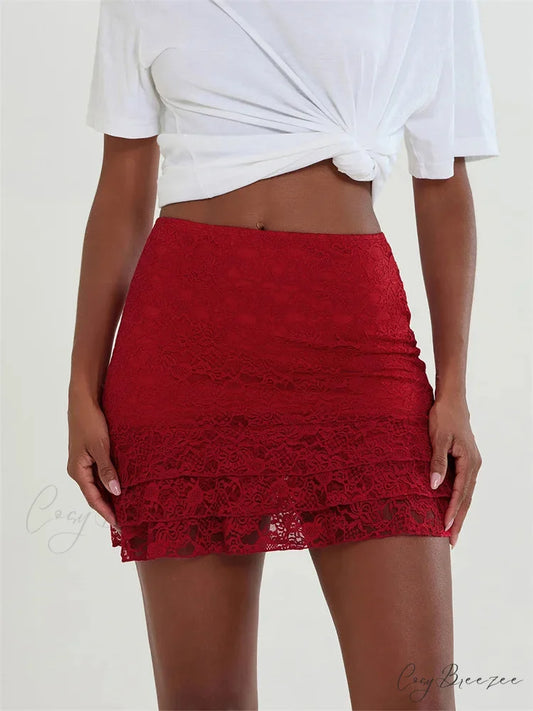 Lace Blossom Transparent Flounces Skirt red / S skirts-250223