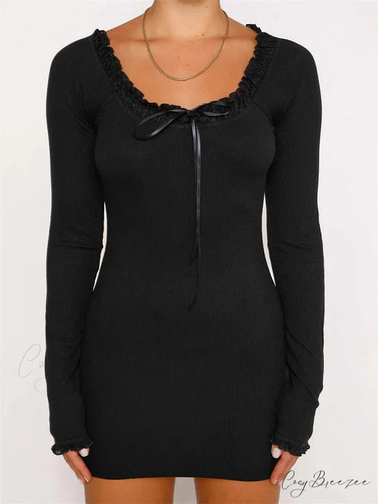 Lace Bow Patchwork Spring Autumn Ribbed Mini Dress Black / S