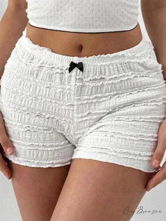 Lace Bow Patchwork Stretch Shorts white / S short-250223