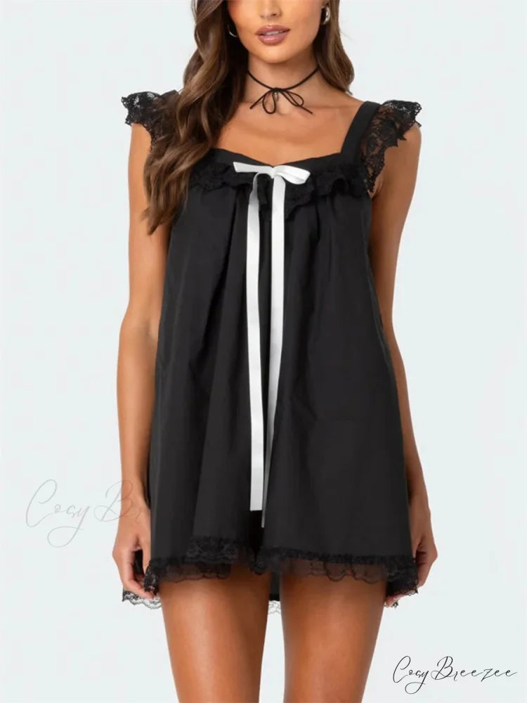 Lace Bowknot Embellished Mini Dress Black / S minidress-250223