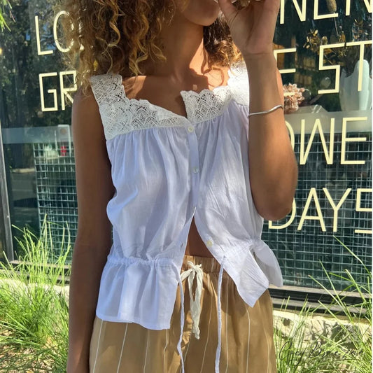 Lace Button Down Crop Top WHITE / S croptop-250223