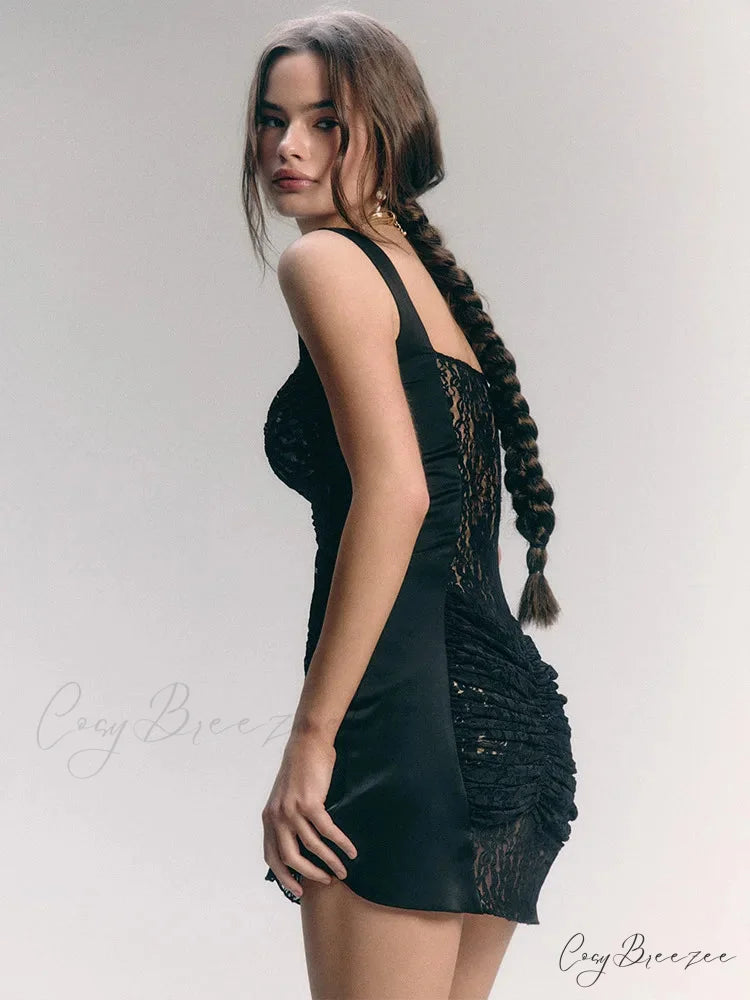 Lace Camisole Double-Layer Mini Dress Black / S minidress-250223