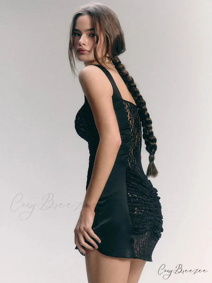 Lace Camisole Double-Layer Mini Dress Black / S minidress-250223