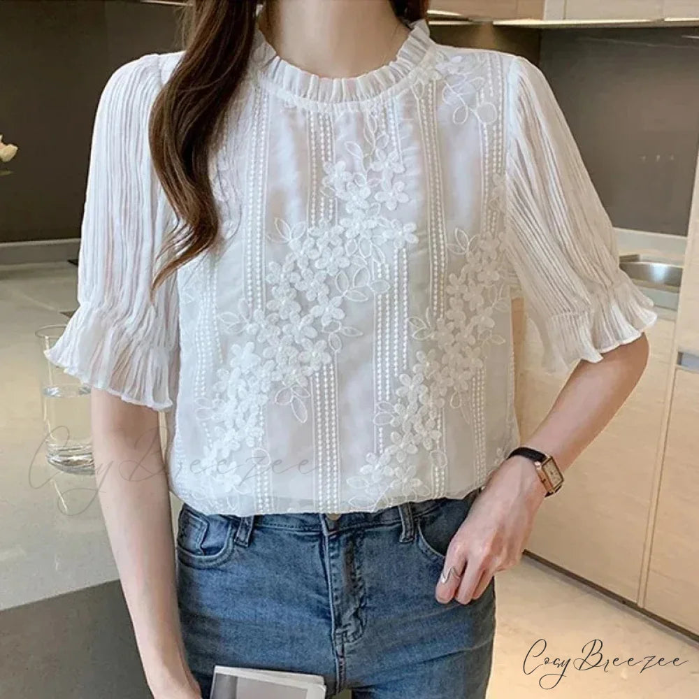 Lace Chiffon Short Sleeve Embroidery Crop Top blouse-250126