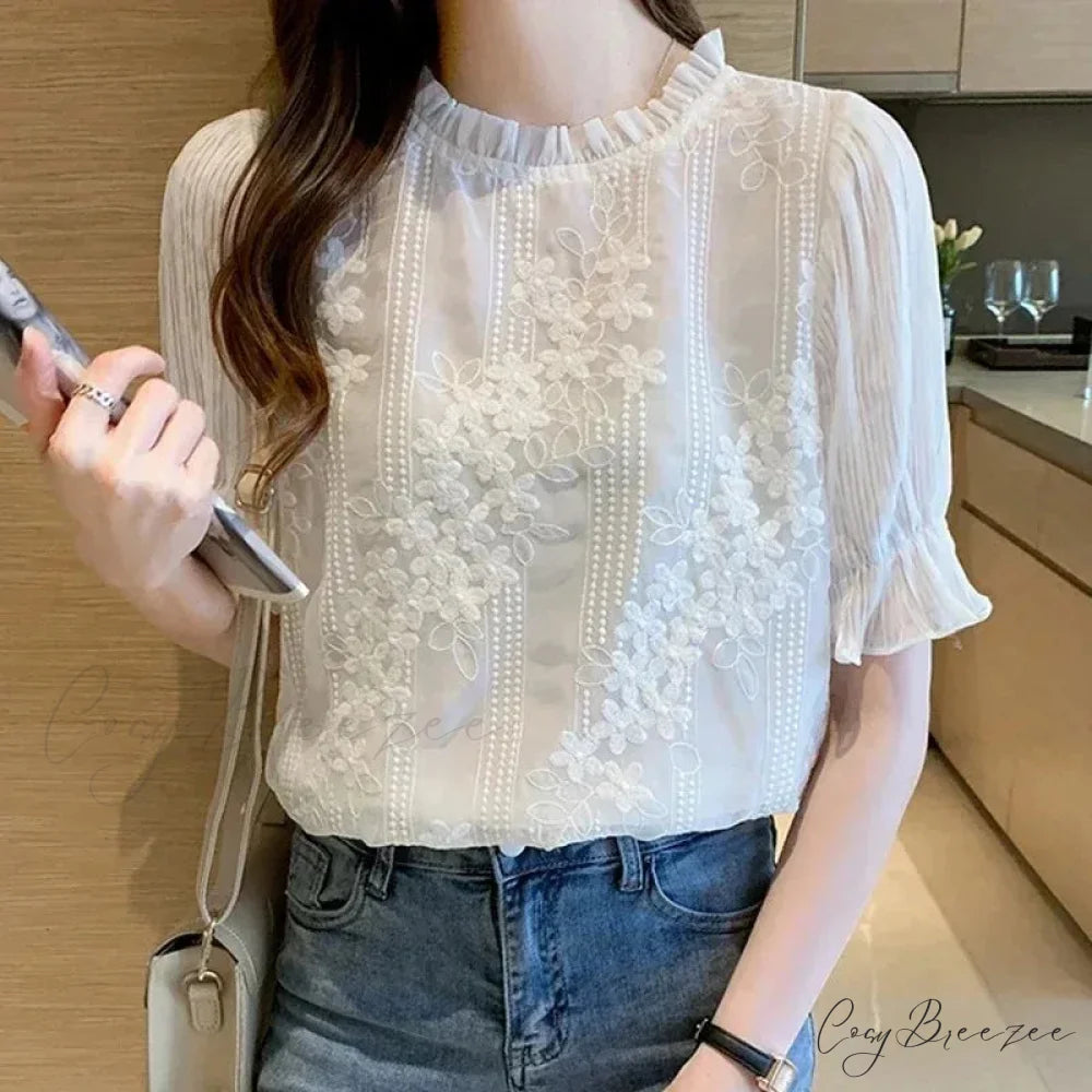Lace Chiffon Short Sleeve Embroidery Crop Top blouse-250126